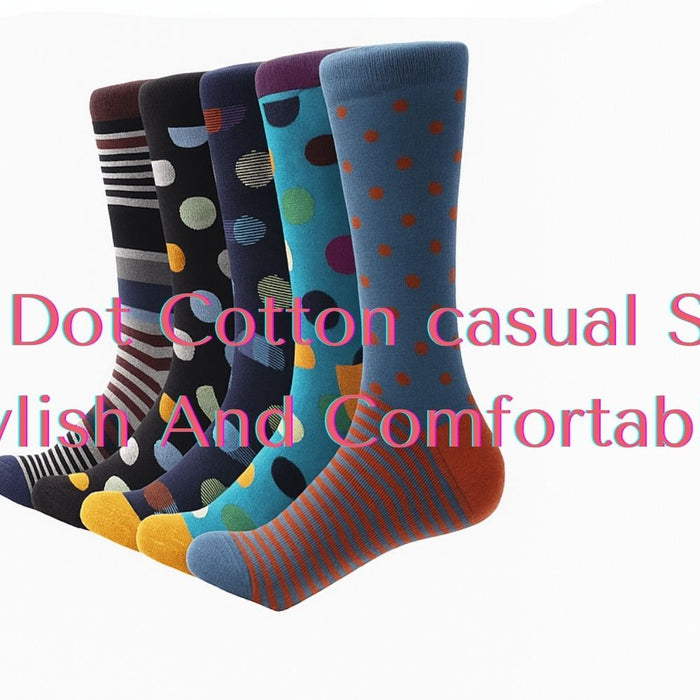 Five pairs of colorful polka dot and striped cotton socks standing upright on a white background, showcasing various vibrant patterns and color combinations.