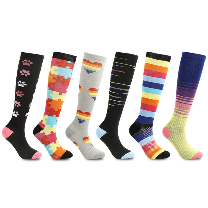 Outdoor Sports Compression Socks Men and Women Color Running Elastic Calf Socks Riding Pressure Socks - Six Pairs
