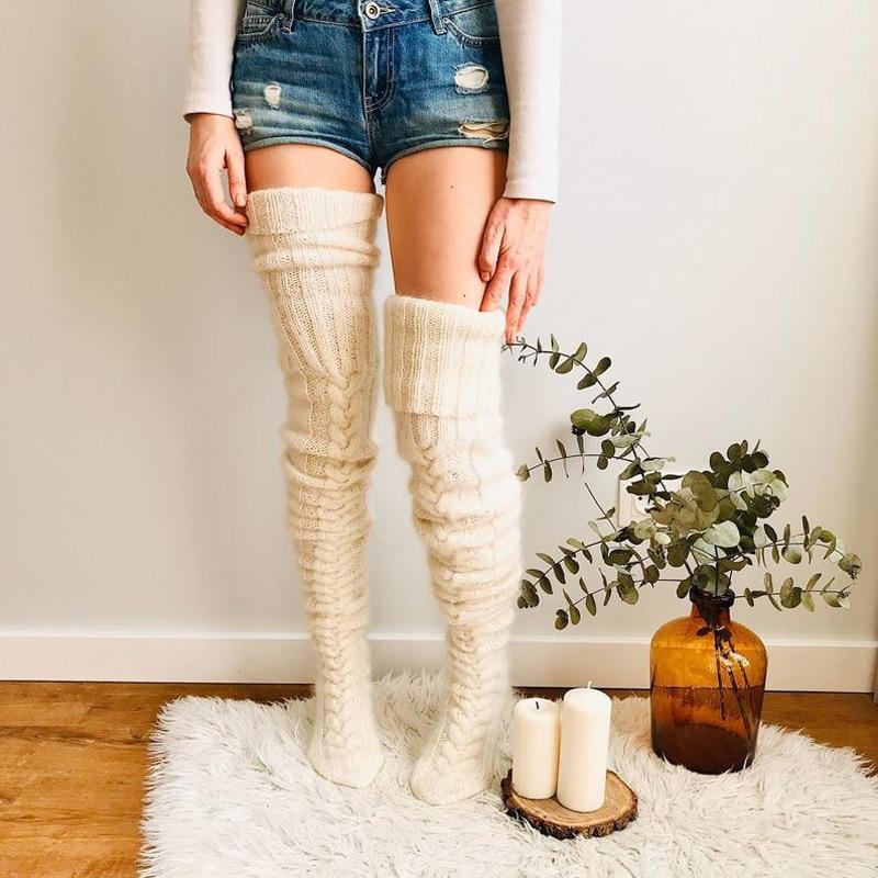 Winter Wool Stockings | Hand-Knitted Thigh High Women's socks | Over The Knee Socks - Sockz